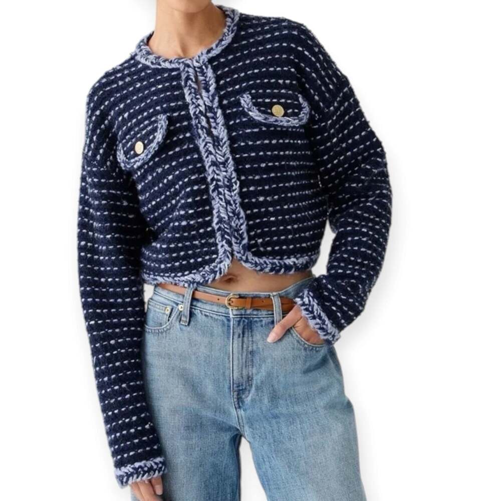NWT J. Crew Cropped Lady Jacket Blue Marled Yarn Wool Tweed Blazer Size Large